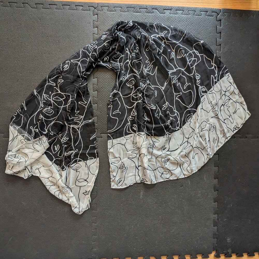 joseph ribkoff black and white scarf abstract faces artsy wrap shawl 34.5" x 70"